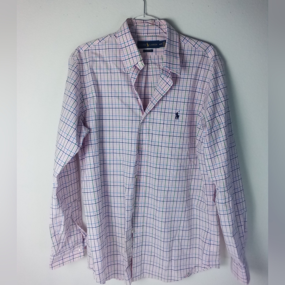 Ralph Lauren Men's Plaid Shirt - Pink and Blue Size M 15 1/2 EUC